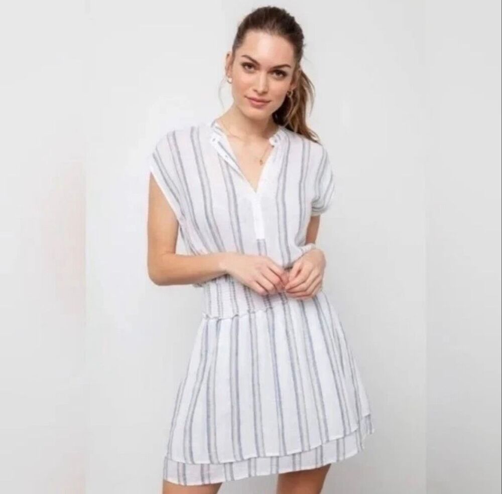 Rails Dress Womens Small White Angelina Belle Stripe Cap Sleeve Smocked Linen